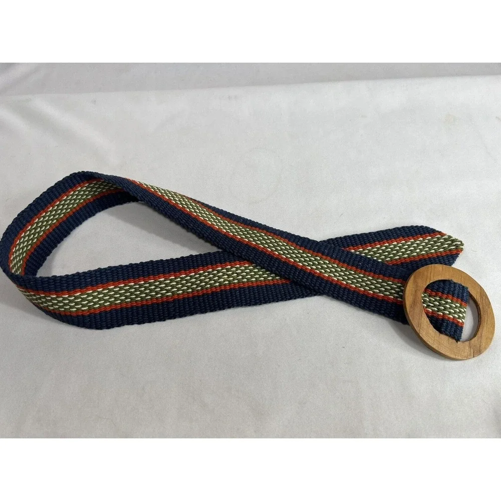 Vintage Wide Canvas Belt Women's Petite Woven Blue Green Red Wooden Buckle‎